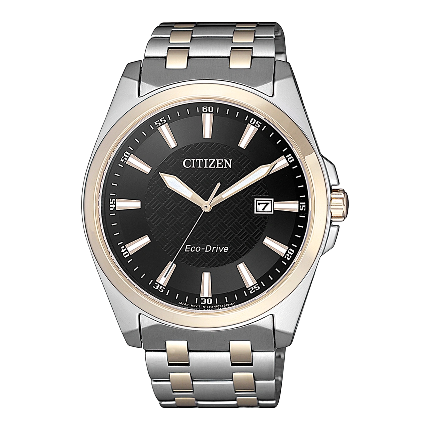 Citizen-Uhr mit schwarzem Zifferblatt, Gold- und Silberband, Eco-Drive, Datumsanzeige.