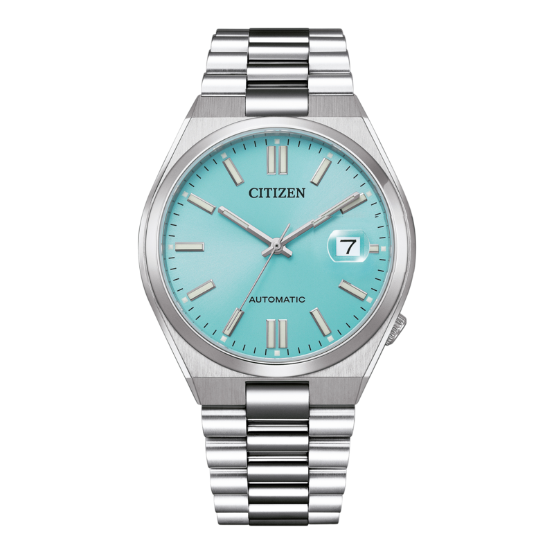 Citizen-Uhr mit türkisfarbenem Zifferblatt und silbernem Armband, Automatikwerk, Datumsanzeige.
