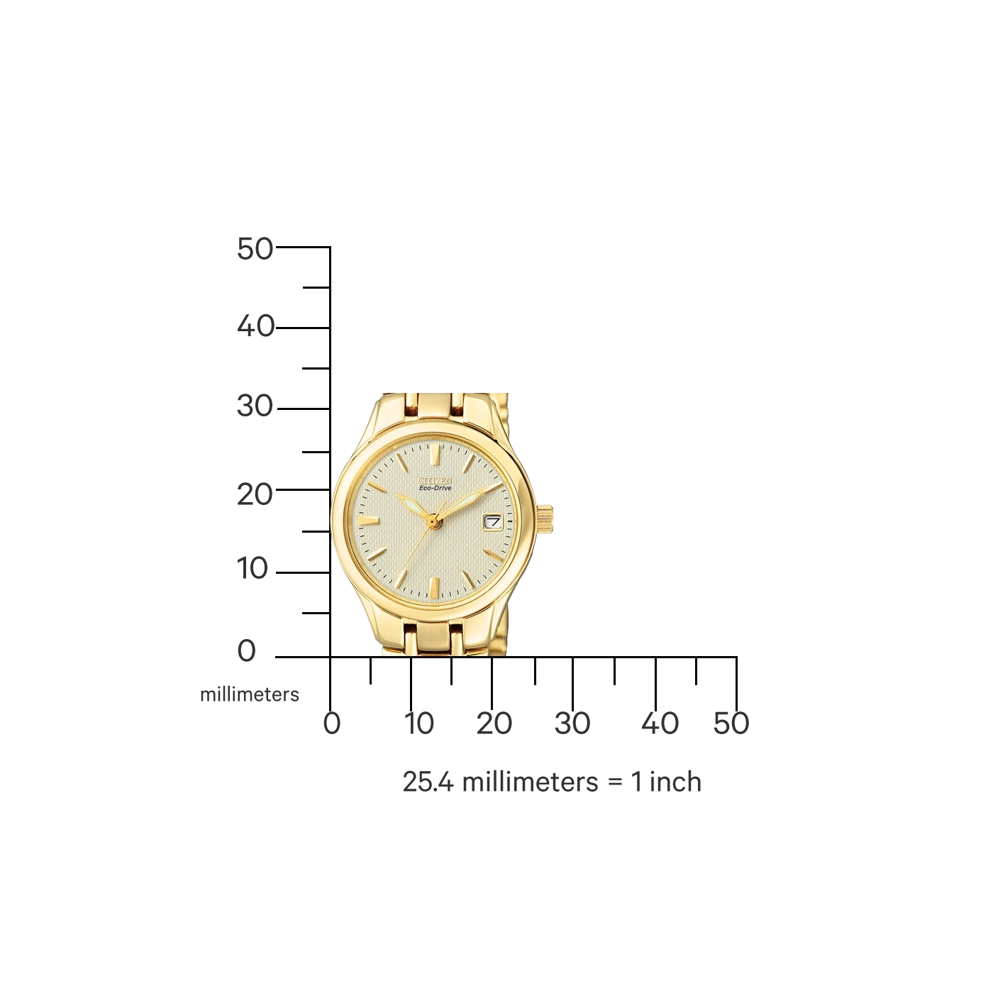 Goldene Citizen Eco-Drive Uhr mit einer Messskala in Millimetern.