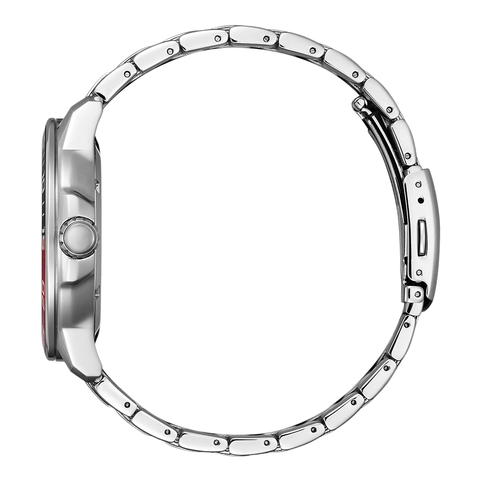 Seitenansicht einer silbernen Armbanduhr mit Metallarmband.