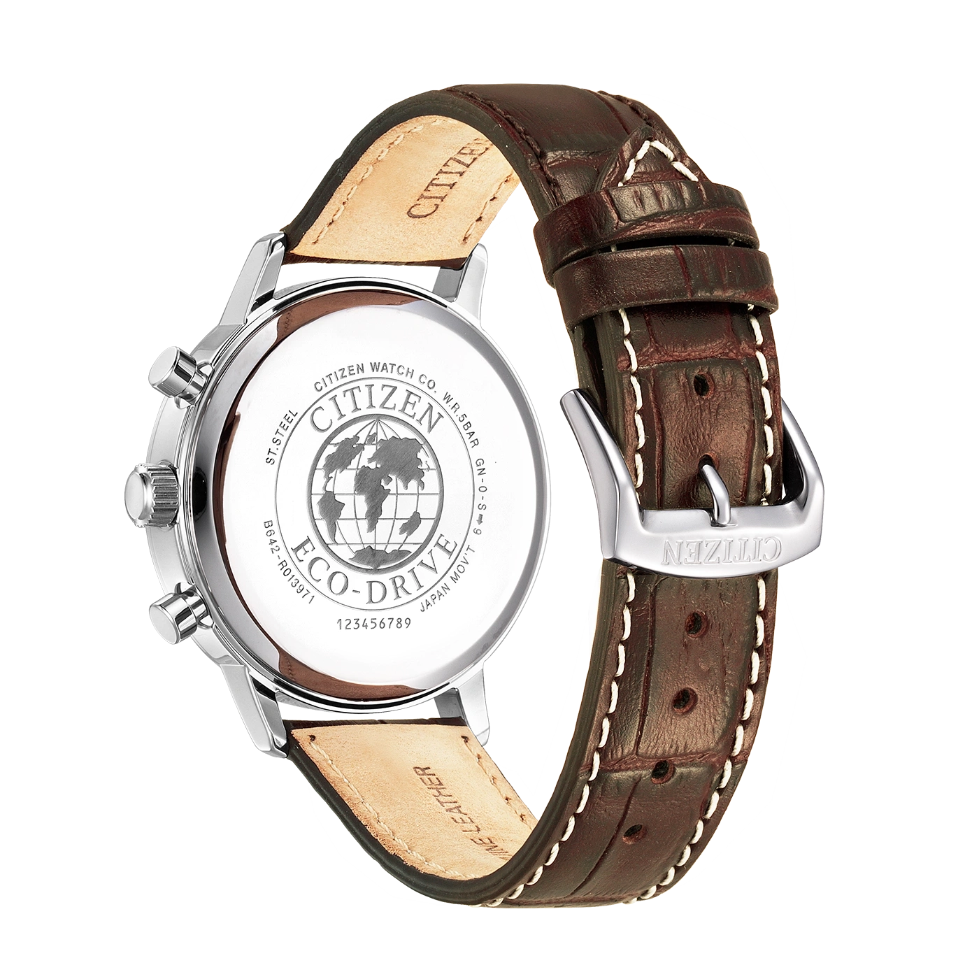 Citizen-Uhr mit braunem Lederarmband, Edelstahl, Eco-Drive, Nahaufnahme