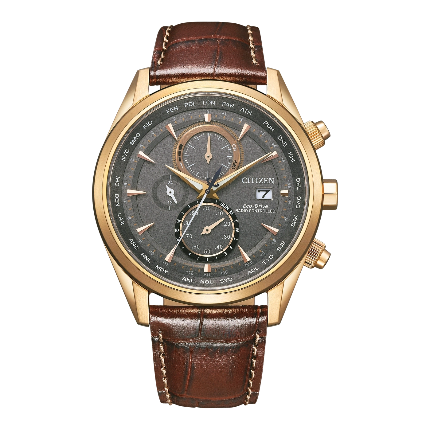 Goldene Citizen-Uhr mit braunem Lederarmband und mehreren Zifferblättern.