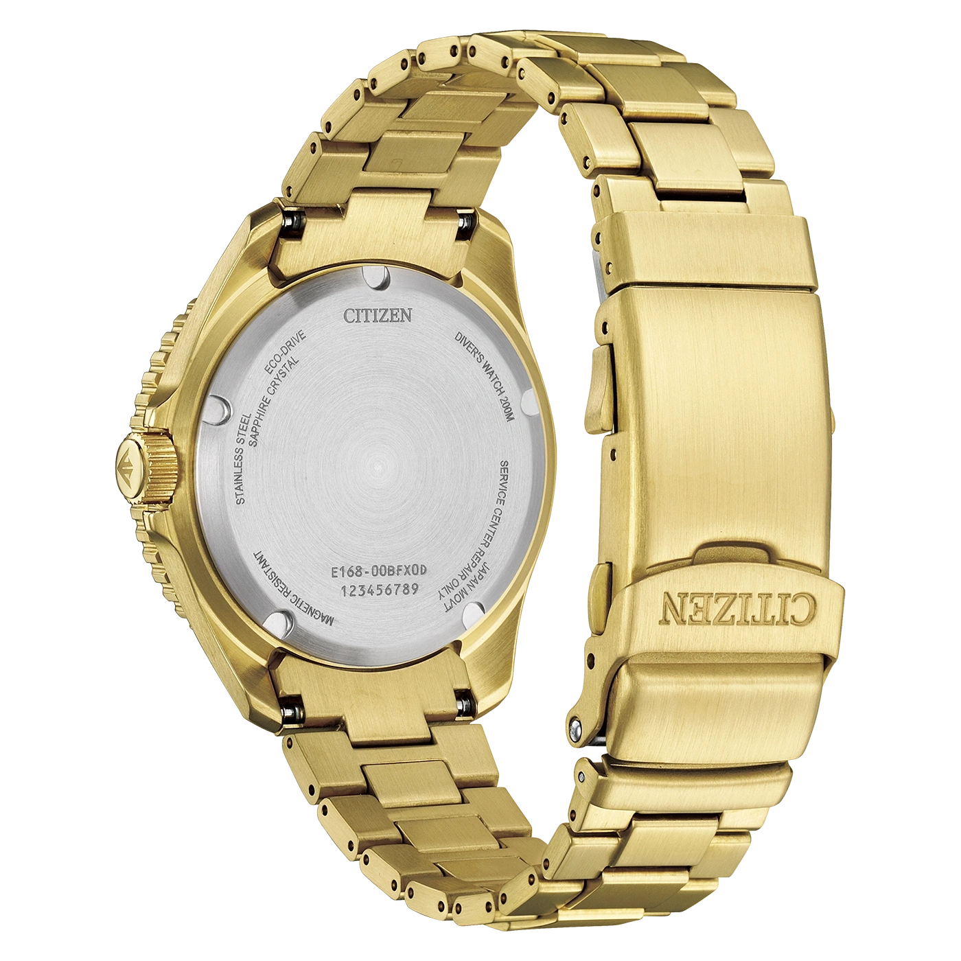 Goldfarbenes Citizen Eco-Drive Taucheruhr Gehäuseboden und Armband