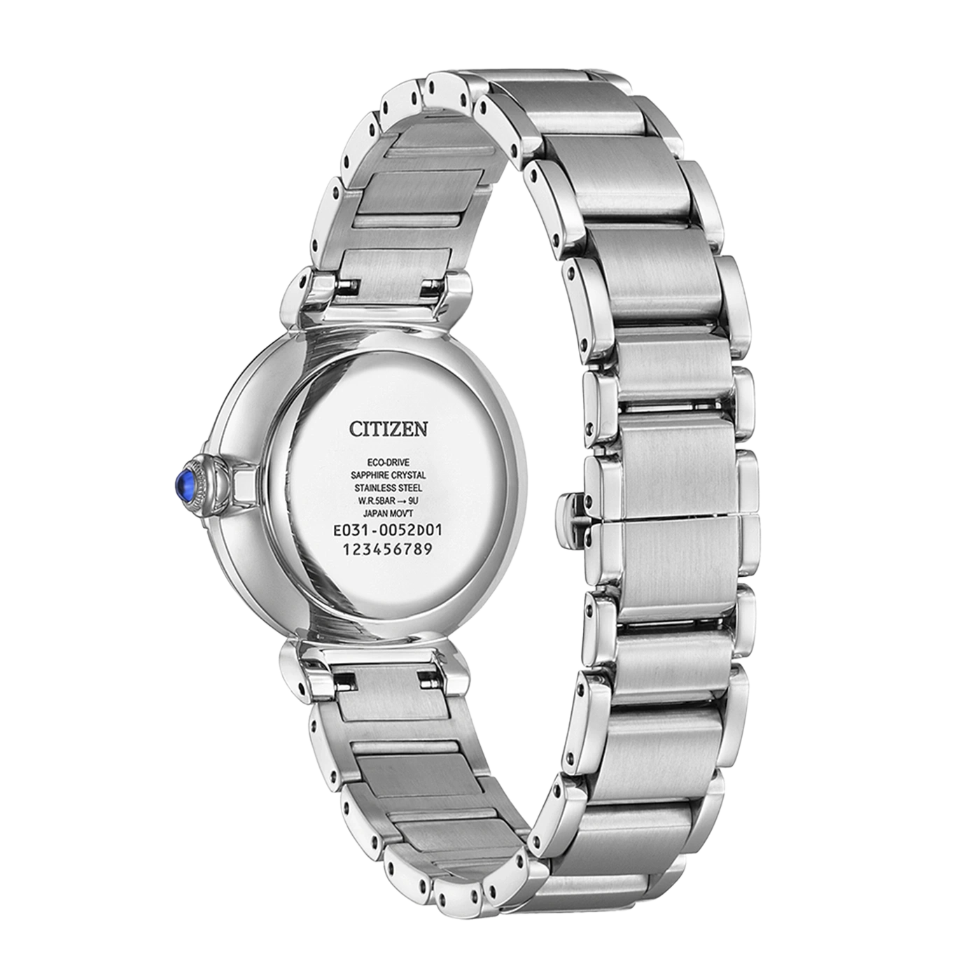 Rückansicht einer silbernen Citizen Eco-Drive Uhr mit blauem Stein an der Seite.