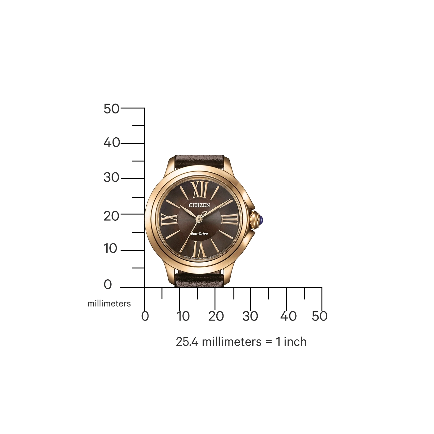 Citizen-Uhr mit braunem Armband und Zifferblatt, goldfarbenes Gehäuse, Messskala in Millimetern