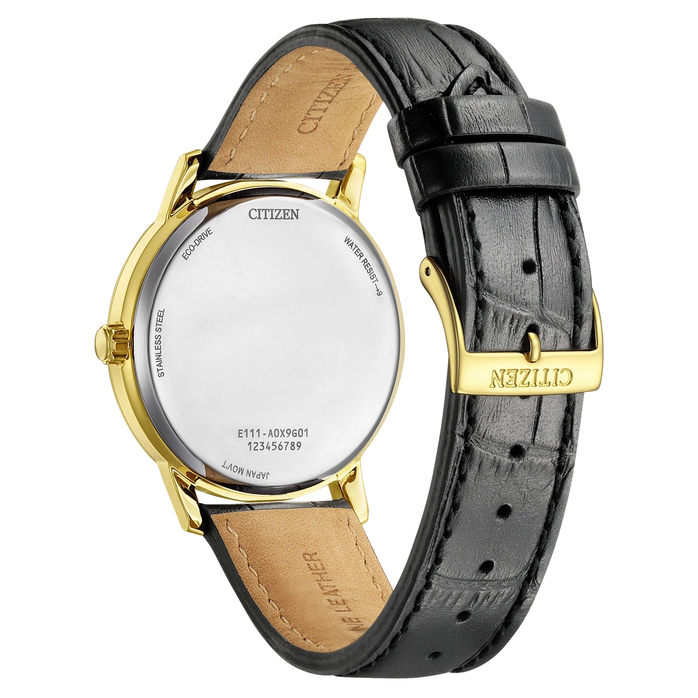 Citizen-Uhr, goldfarbenes Gehäuse, schwarzes Lederarmband, wasserdicht, Edelstahl, Eco-Drive