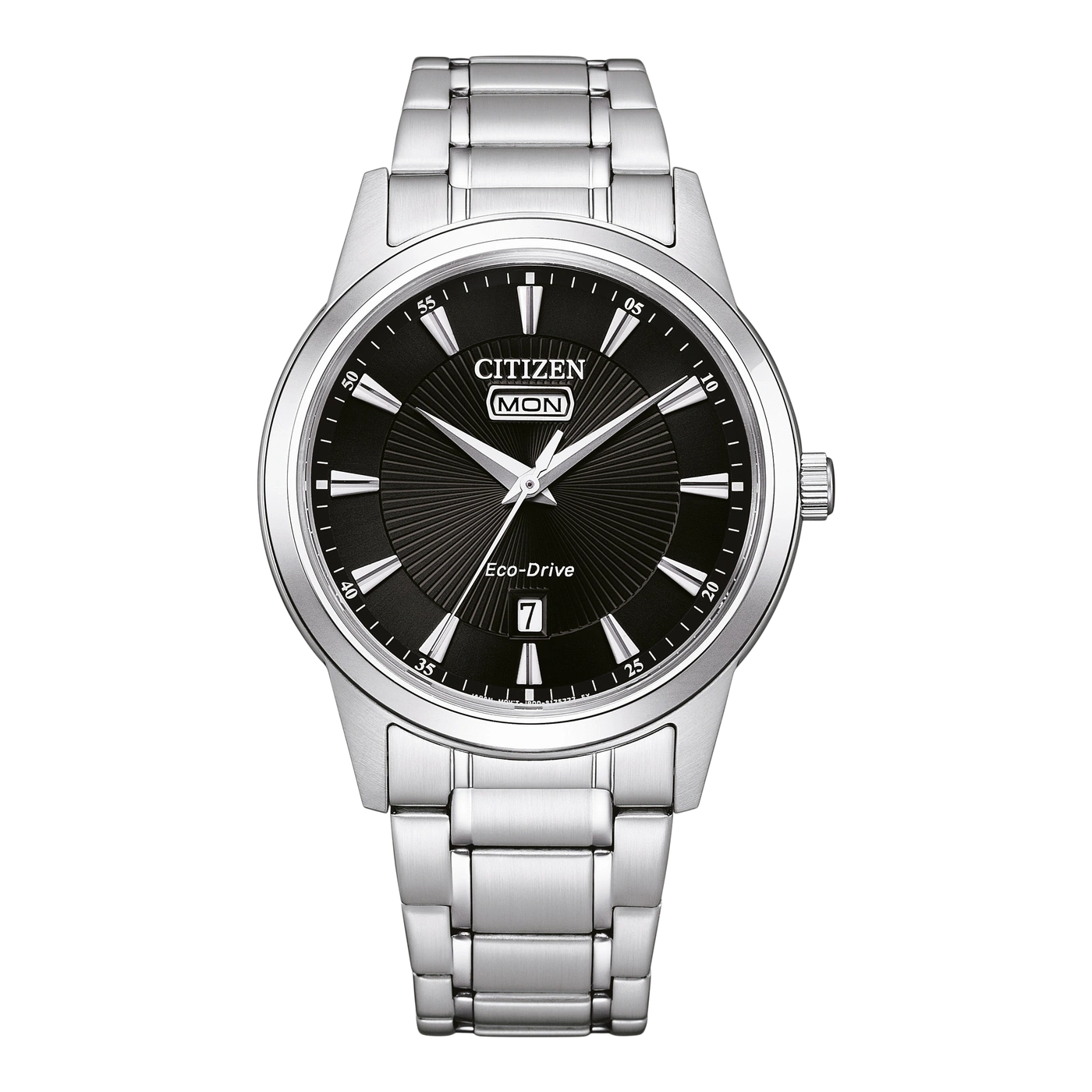Citizen-Uhr mit schwarzem Zifferblatt, silbernem Armband und Tages-/Datumsanzeige.