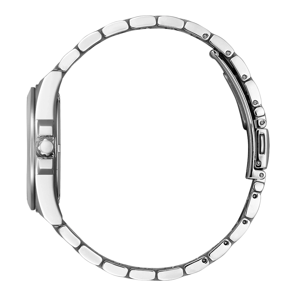 Seitenansicht einer silbernen Armbanduhr mit Metallband und Verschluss.