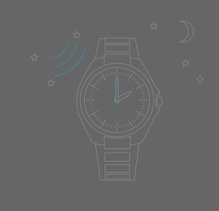 Uhr, die Nachtzeit mit Sternen und Mond zeigt, und Schallwellen.