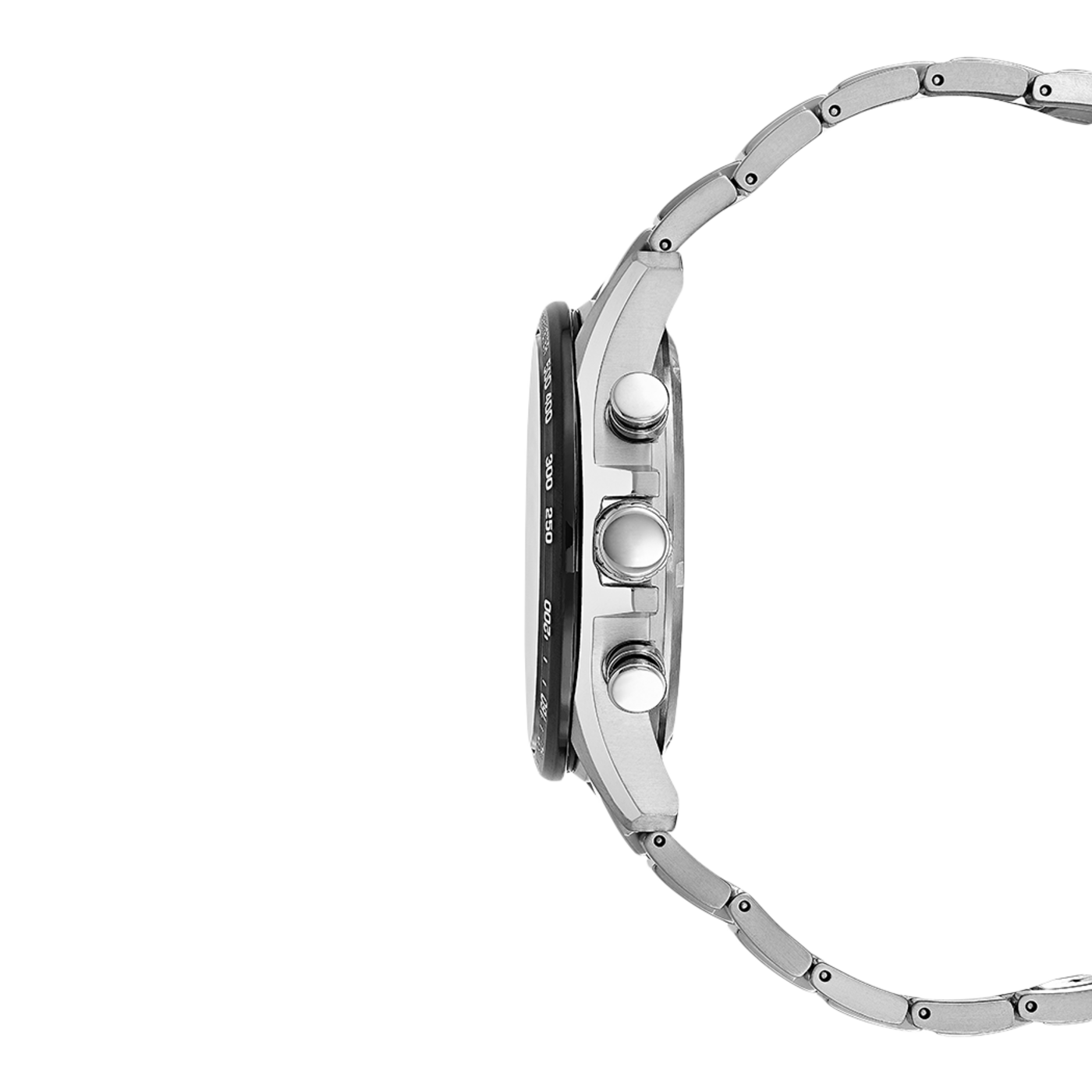 Seitenansicht einer silbernen Armbanduhr mit schwarzem Zifferblatt und Metallarmband.