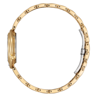Goldene Uhr mit goldenem Armband, Seitenansicht, elegant und glänzend.