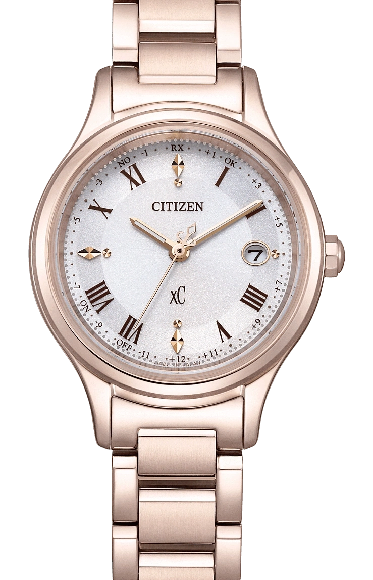 Citizen XC Uhr mit roségoldenem Armband und weißem Zifferblatt, Datumsanzeige.