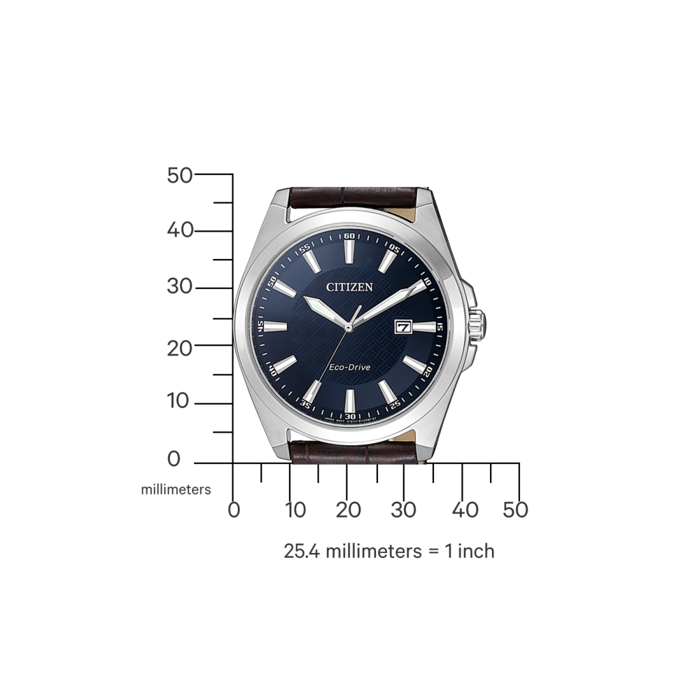 Citizen-Uhr mit dunkelblauem Zifferblatt und braunem Lederarmband, mit Messungen.