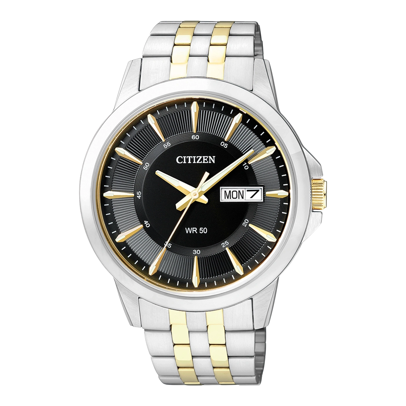 Citizen-Uhr mit schwarzem Zifferblatt, goldenen Akzenten und silbernem und goldenem Armband.