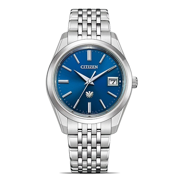 Citizen-Uhr mit blauem Zifferblatt und silbernem Armband, elegantes Design.