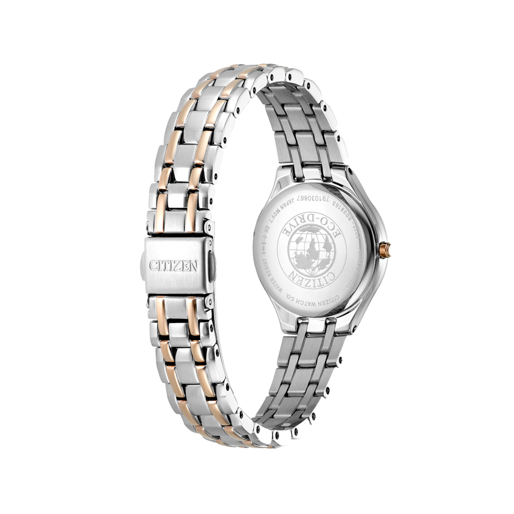 Citizen-Uhr, Rückseite, silbernes und roségoldenes Armband, Eco-Drive, wasserdicht.