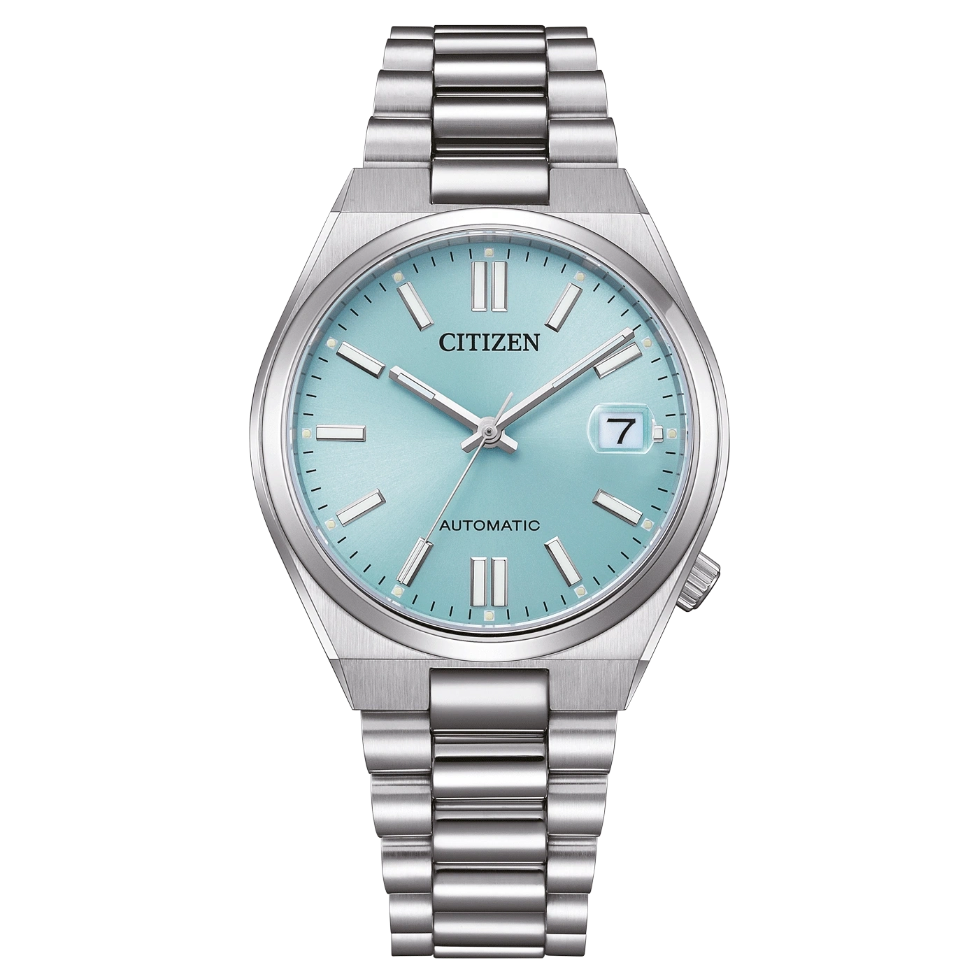 Citizen-Uhr mit hellblauem Zifferblatt und silbernem Armband, Automatik.