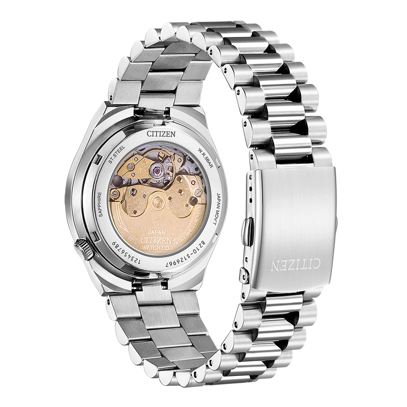 Citizen-Uhr, Rückseite mit sichtbarem Mechanismus und Metallarmband, Nahaufnahme.