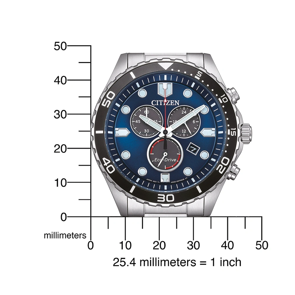 Citizen-Uhr mit blauem Zifferblatt, schwarzer Lünette und silbernem Armband. Eco-Drive-Technologie.