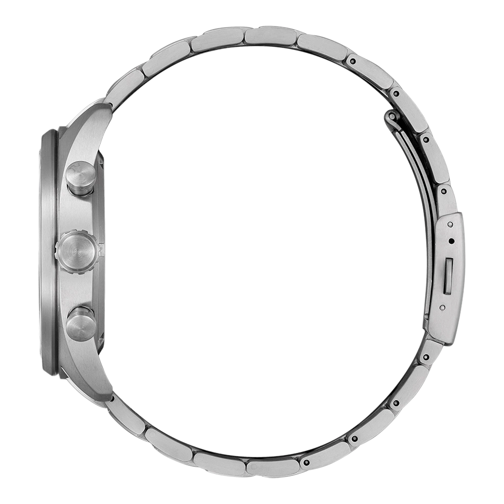 Seitenansicht einer silbernen Armbanduhr mit Metallarmband.