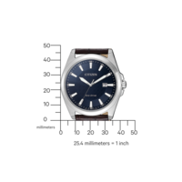 Citizen-Uhr mit dunkelblauem Zifferblatt und braunem Lederarmband, mit Messungen.