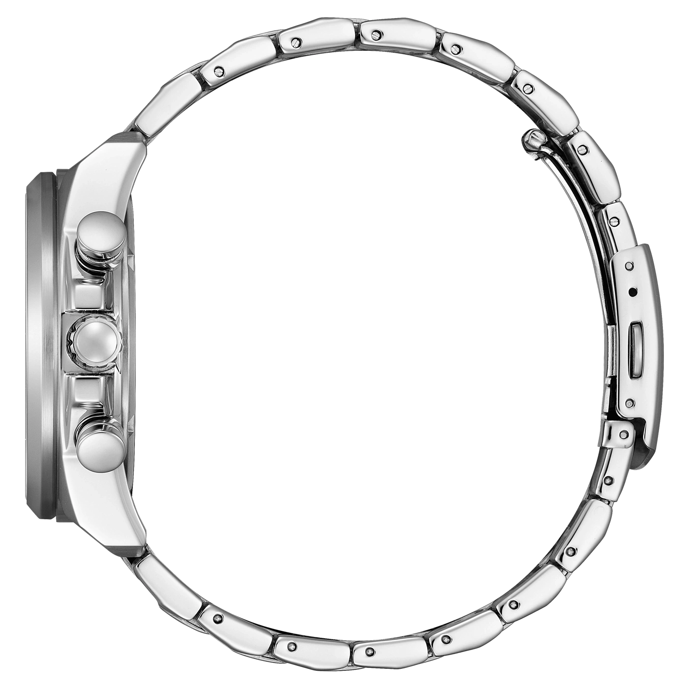 Seitenansicht einer silbernen Armbanduhr mit Metallband und Knöpfen.