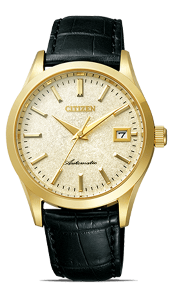 This image showcases a gold-toned Citizen watch with a textured, light-colored dial and a black crocodile-embossed leather strap. It features gold-toned hour markers and hands, a date window, and "Automatic" text, all against a plain background.