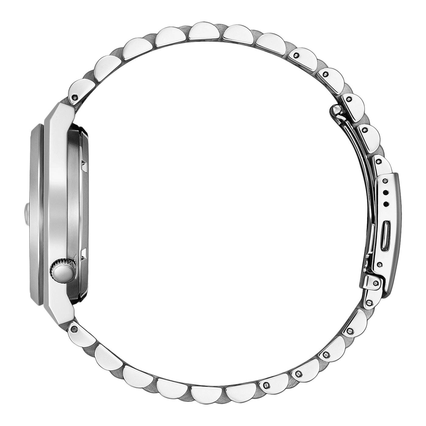 Silberne Uhr mit Metallarmband, Seitenansicht, elegantes Design, glänzend, modern