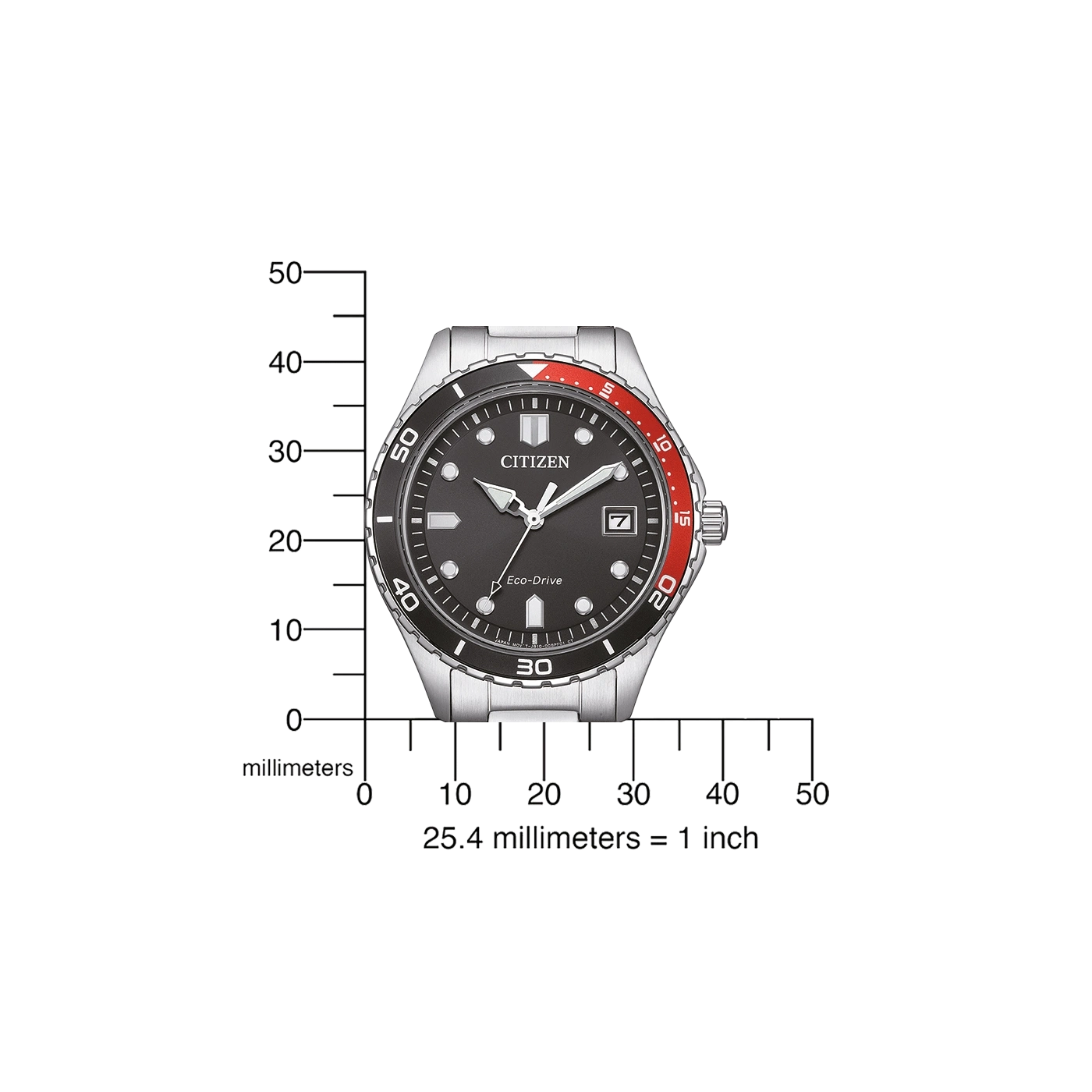 Citizen-Uhr mit schwarzer und roter Lünette, Anzeige von Zeit und Datum, mit Millimeterskala.