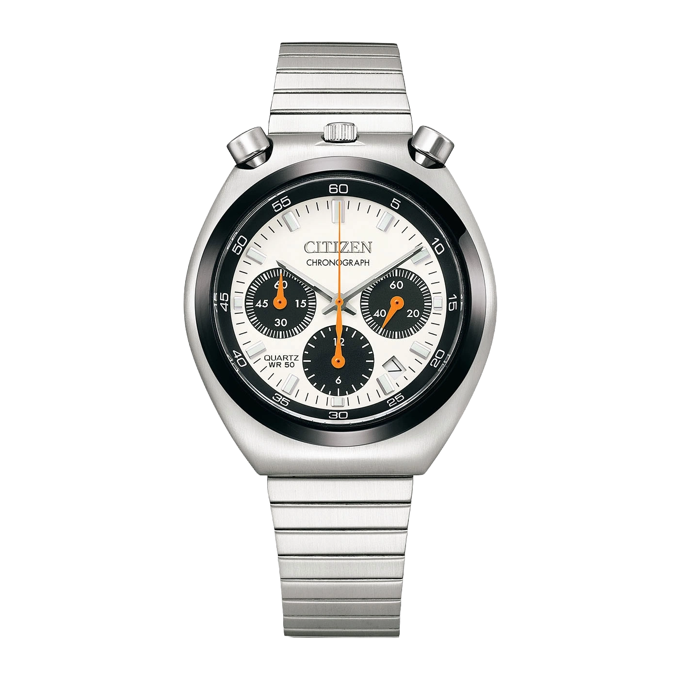 Eine silberne Citizen Chronographenuhr mit weißem Zifferblatt und orangefarbenen Akzenten.