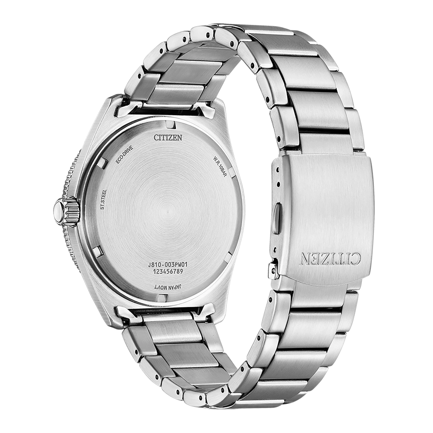 Citizen-Uhrenrückseite, Edelstahl, Eco-Drive, W.R. 10bar, Japan Movt.