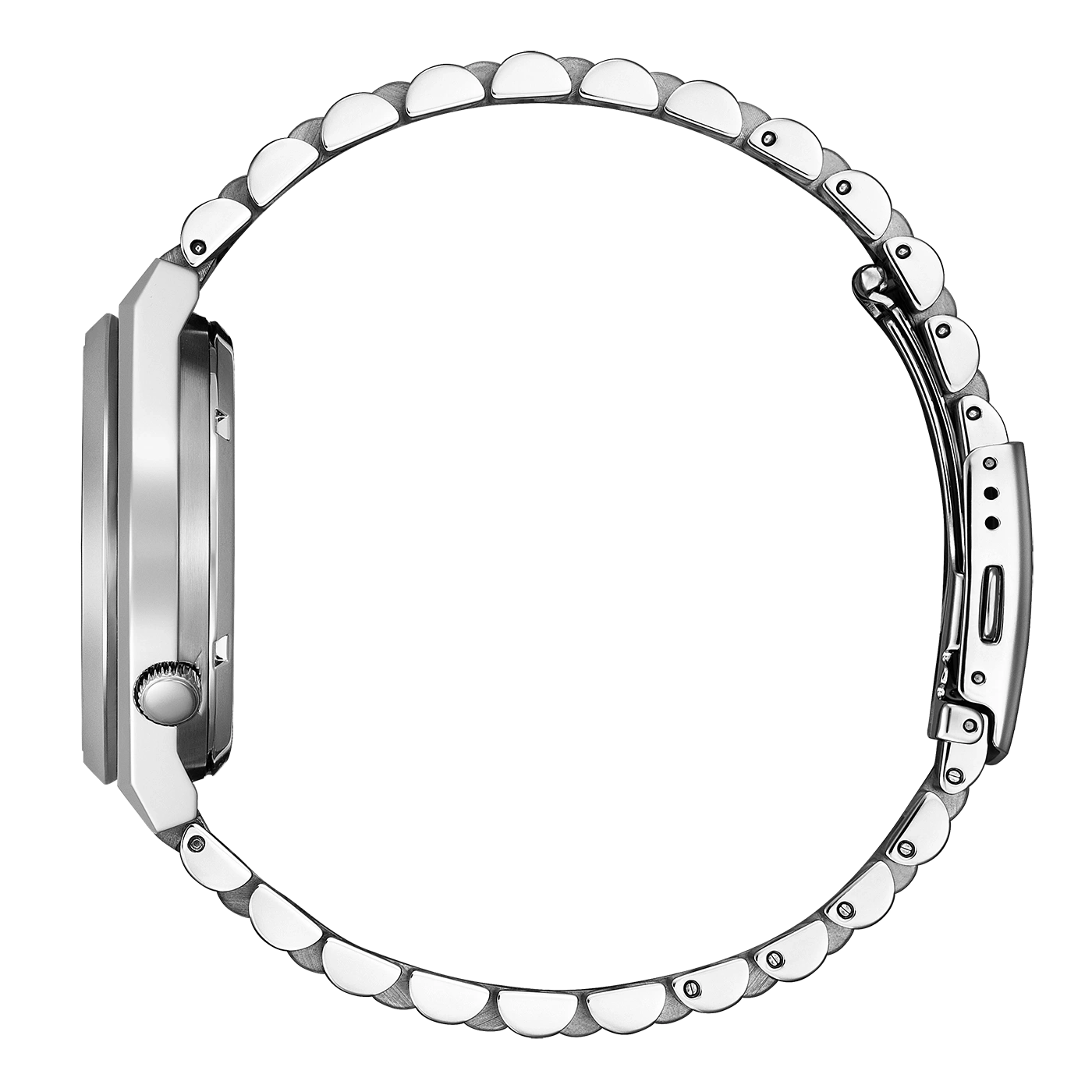 Seitenansicht einer silbernen Armbanduhr mit Metallband, elegantes Design.