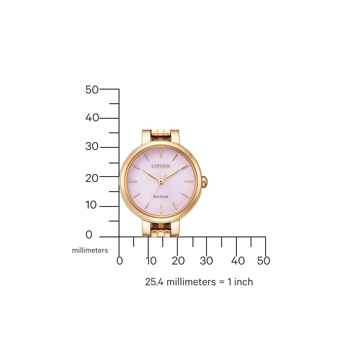 Citizen-Uhr mit rosa Zifferblatt und goldenem Armband, Messung in Millimetern.