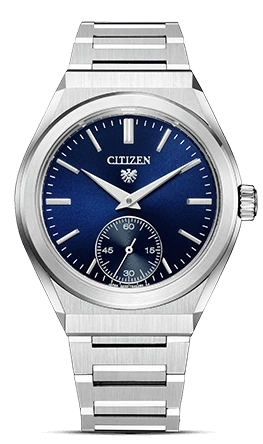 Citizen-Uhr mit blauem Zifferblatt und silbernem Armband, elegantes Design.