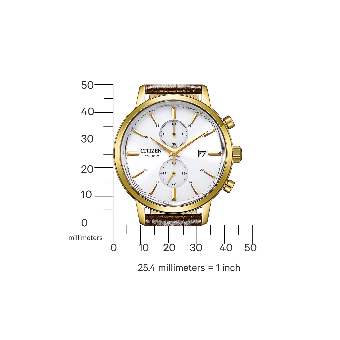 Goldene Citizen Eco-Drive Uhr mit weißem Zifferblatt und braunem Lederarmband.