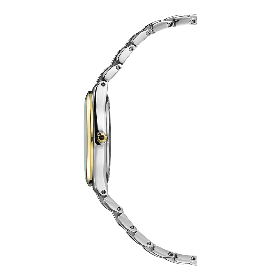 Seitenansicht einer silber-goldenen Armbanduhr vor weißem Hintergrund.