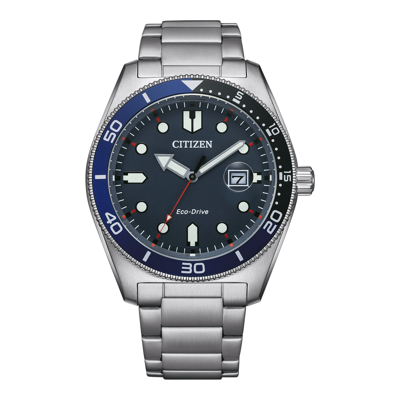 Citizen-Uhr mit blau-schwarzer Lünette, silbernem Armband und dunklem Zifferblatt.