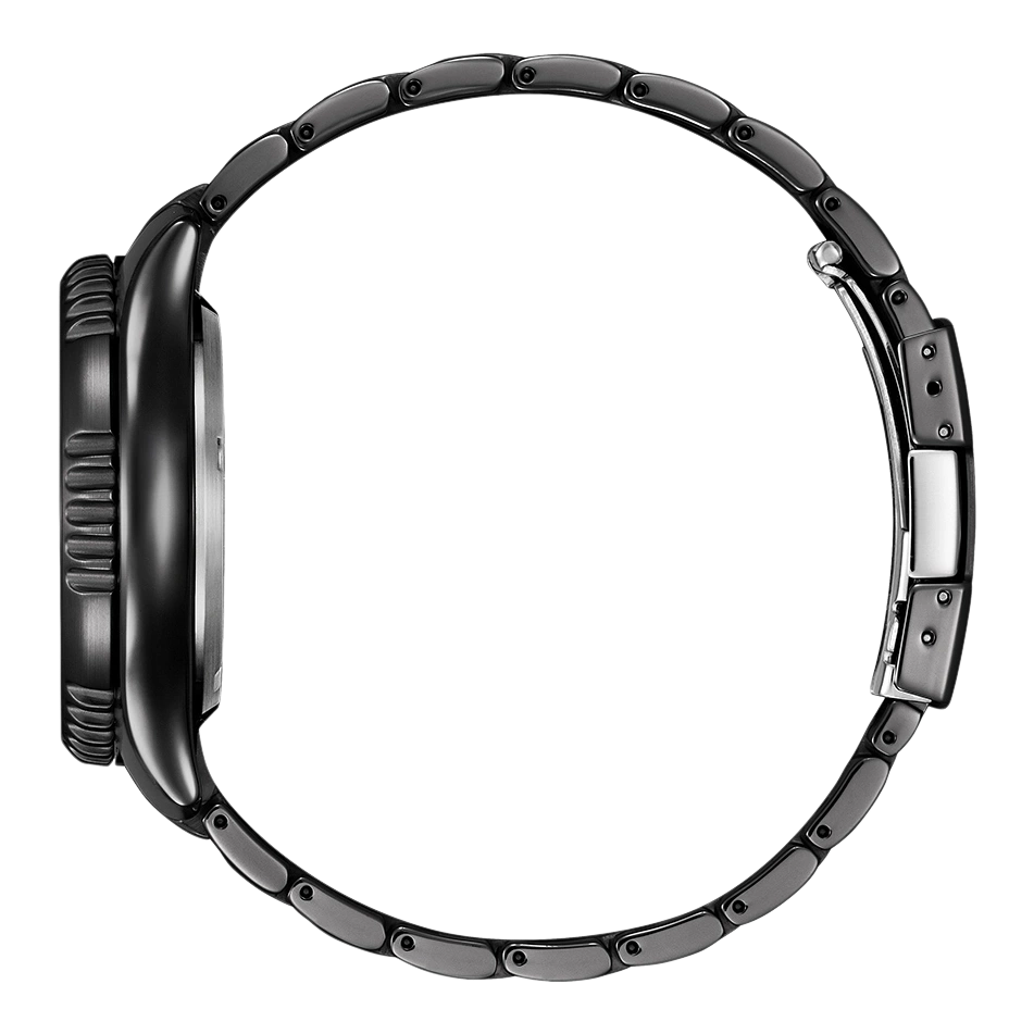 Schwarze Uhr mit Metallarmband, Seitenansicht, isoliert auf weißem Hintergrund.