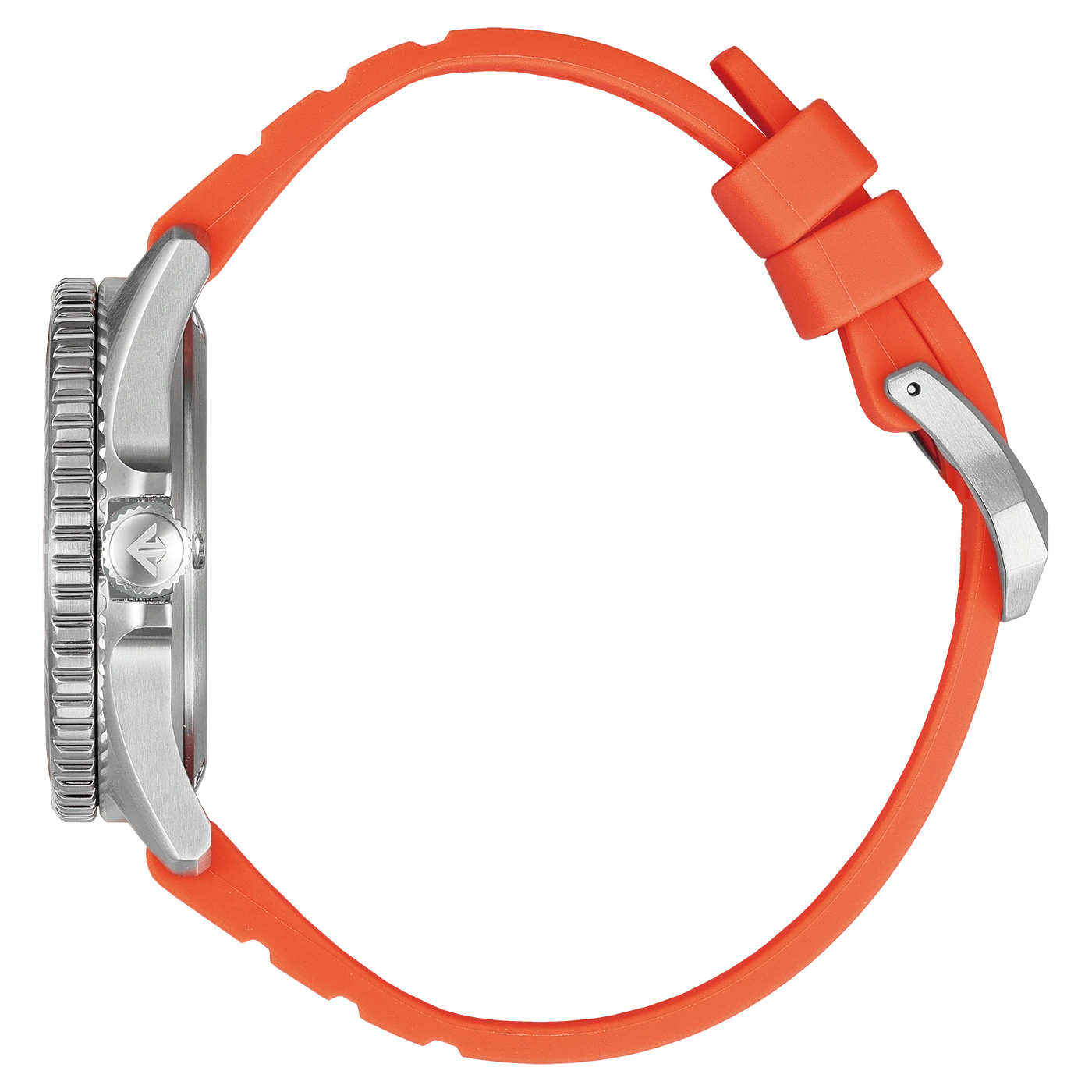 Seitenansicht eines orangefarbenen Silikon-Uhrenarmbands mit silberner Schließe und Uhrengehäuse, vor weißem Hintergrund.