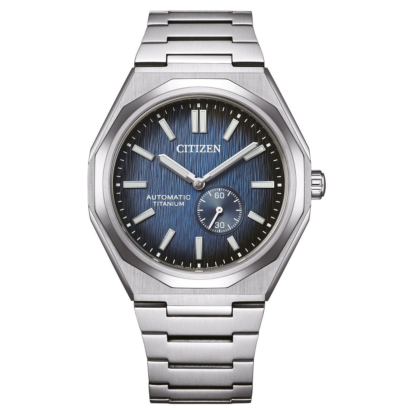 Citizen-Uhr mit blauem Zifferblatt und Titanarmband, Automatikwerk.