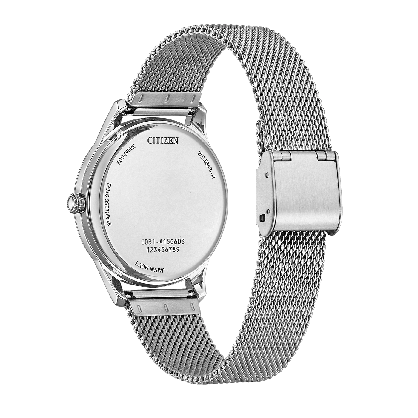 Rückseite einer silbernen Citizen Eco-Drive Uhr mit Milanaise-Armband.