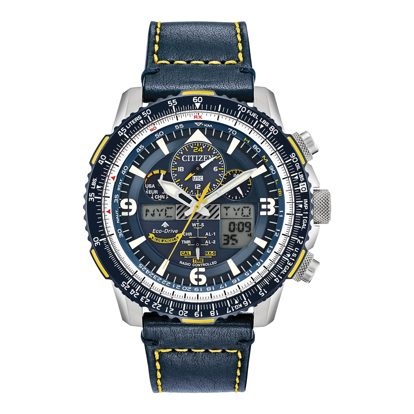Citizen-Uhr mit blauem Lederarmband, analoger und digitaler Anzeige, Eco-Drive-Technologie.