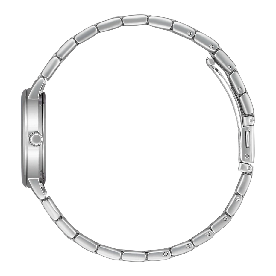 Silberne Uhr mit Metallarmband, Seitenansicht, isoliert auf weißem Hintergrund.