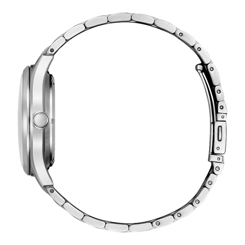 Seitenansicht einer silbernen Armbanduhr mit Metallband, elegantes Design.