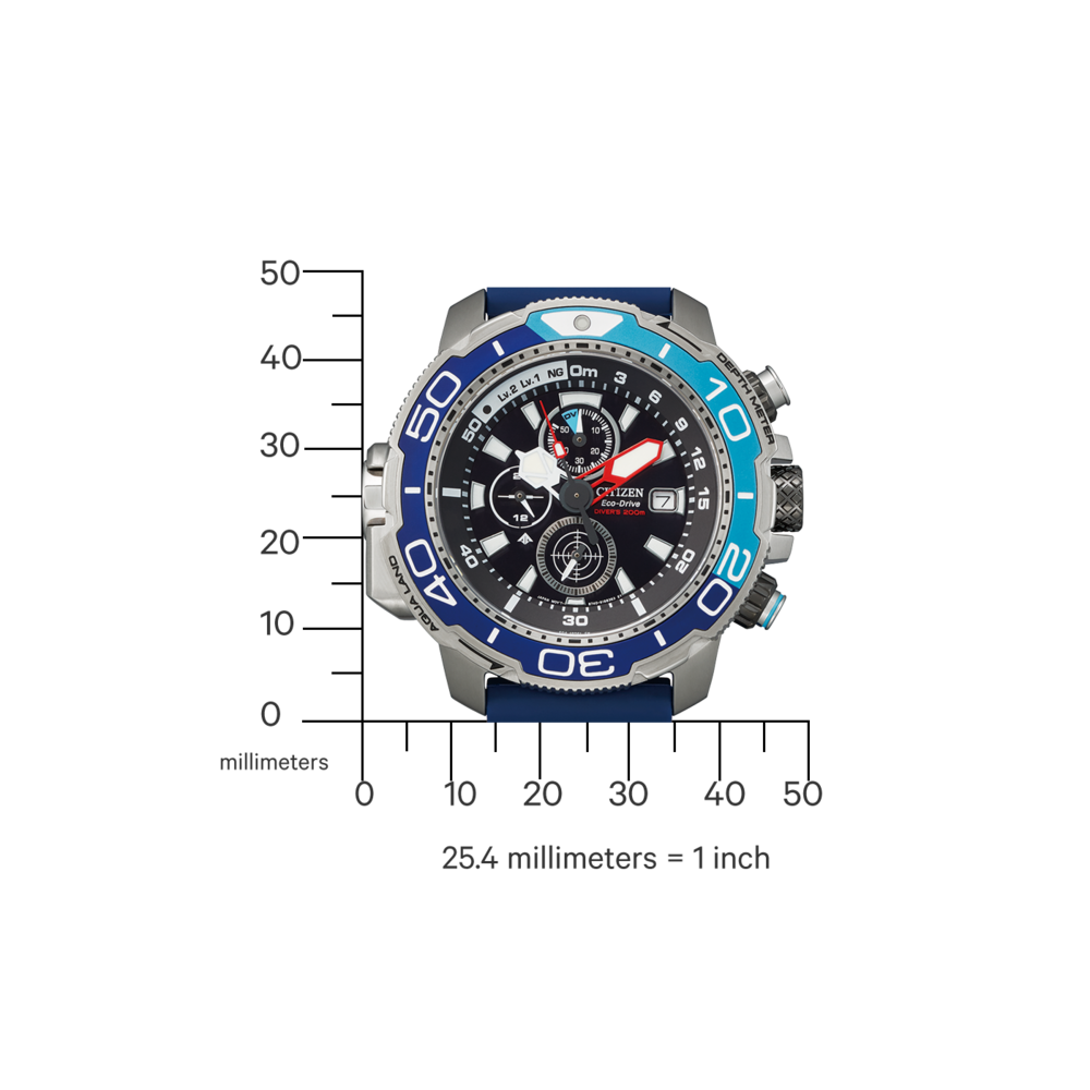 Citizen-Uhr mit blauen Akzenten, Tiefenmesser und Eco-Drive-Technologie.
