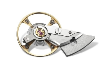 This close-up features a Citizen watch balance wheel assembly against a white background. It shows a golden-toned balance wheel, intricate metallic components, a visible ruby jewel, and tiny screws, highlighting the precision engineering.