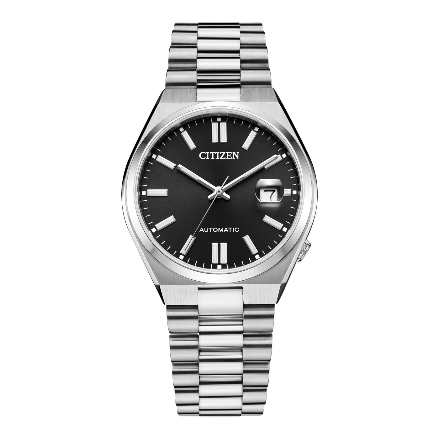 Citizen-Uhr mit schwarzem Zifferblatt und silbernem Armband, Automatikwerk.