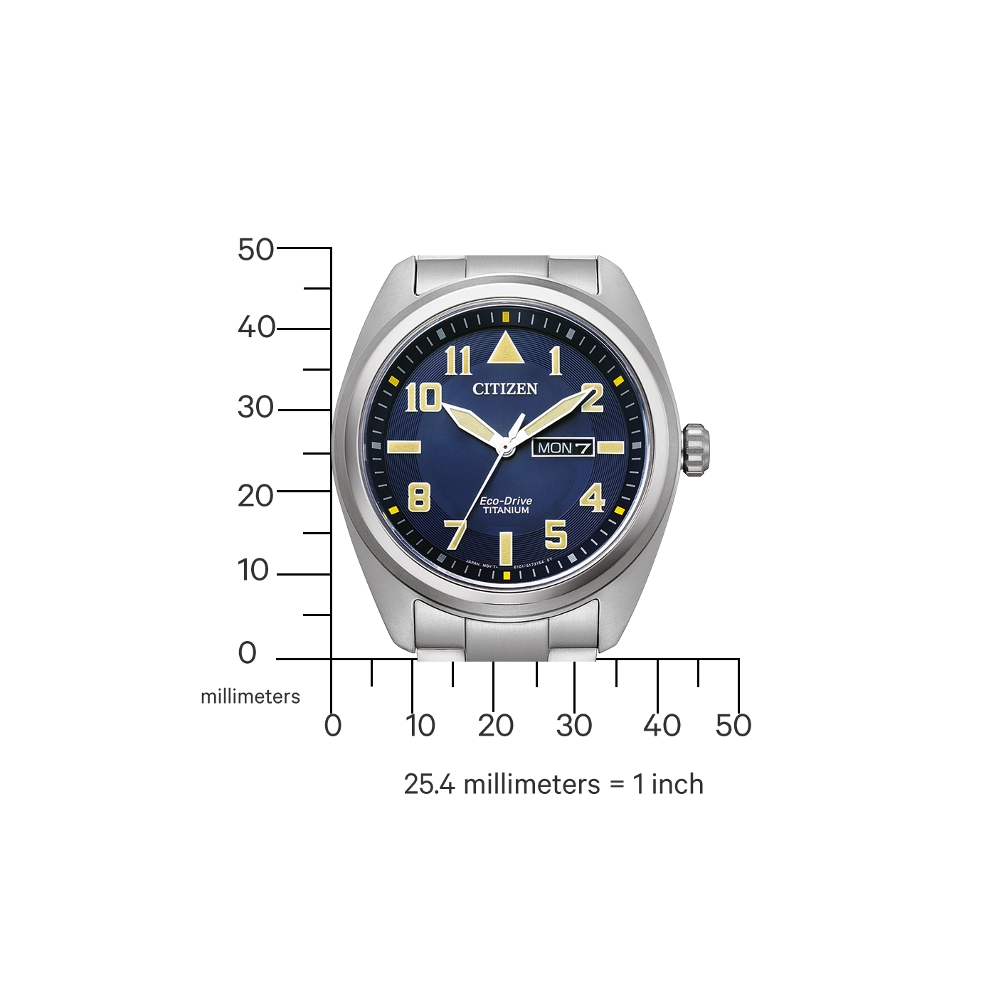 Citizen-Uhr mit blauem Zifferblatt, Titan, Eco-Drive und Tagesanzeige.