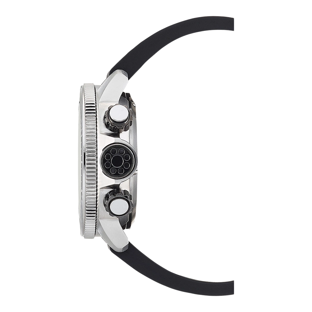 Seitenansicht einer silbernen Uhr mit schwarzem Armband und Knöpfen.