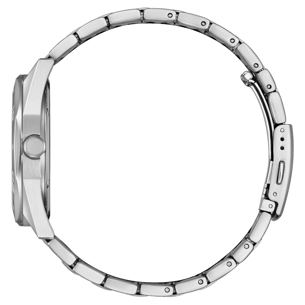 Seitenansicht einer silbernen Uhr mit Metallband, isoliert auf weißem Hintergrund.